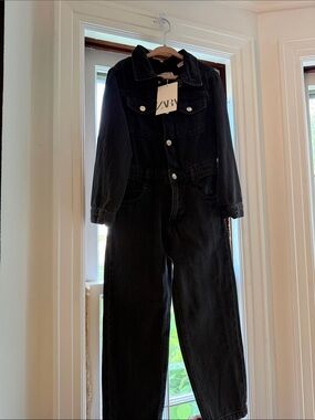 NWT Zara Kids Black Denim Utility Jumpsuit Size 5-6 Years 100% cotton